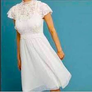 Anthropologie Feather Bone Ivory Greenwich Lace Pleated Fit Flare 16 Midi Dress